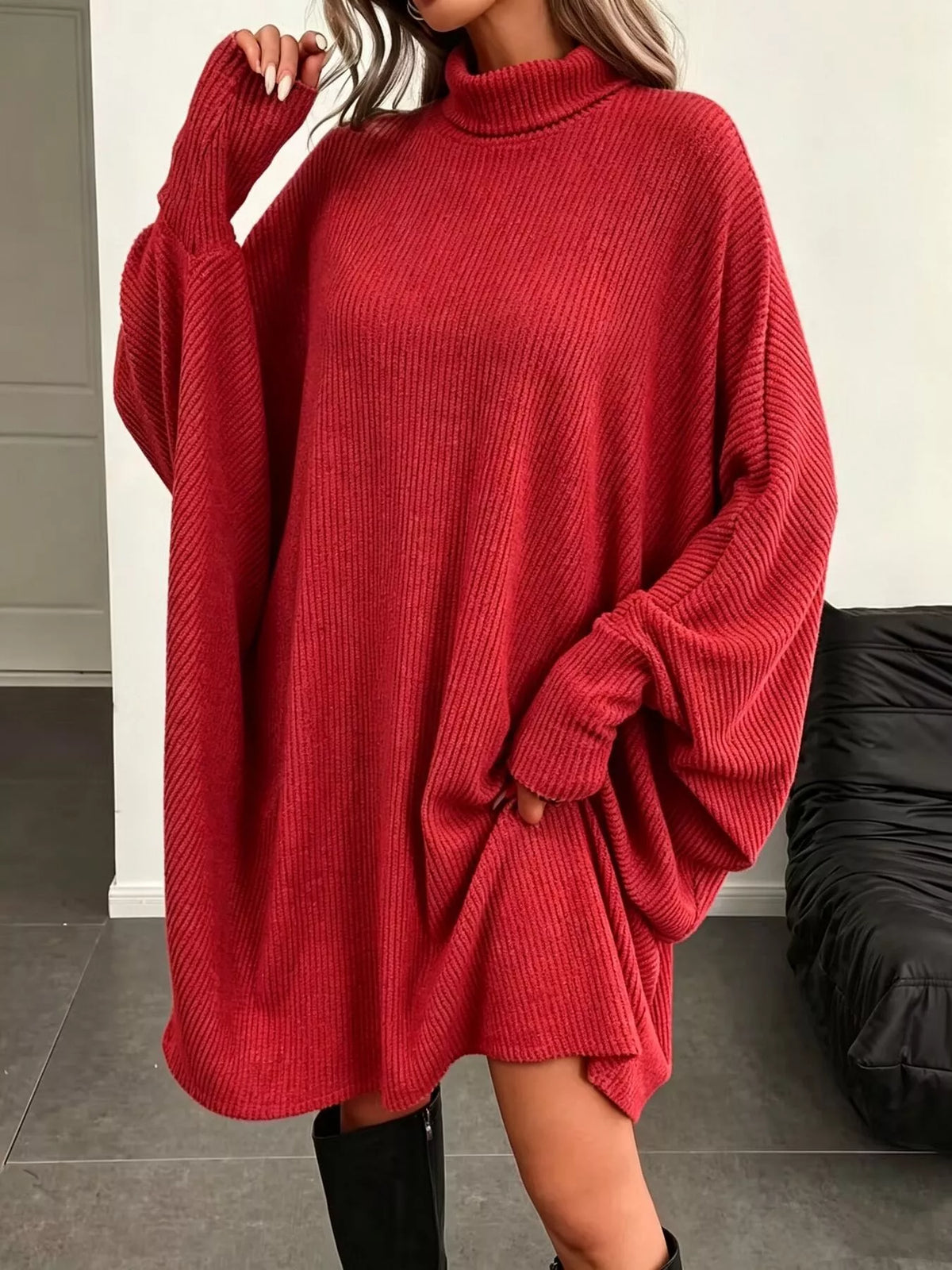 Oversized Batwing Sleeve Ribbed Knit Turtleneck Dress