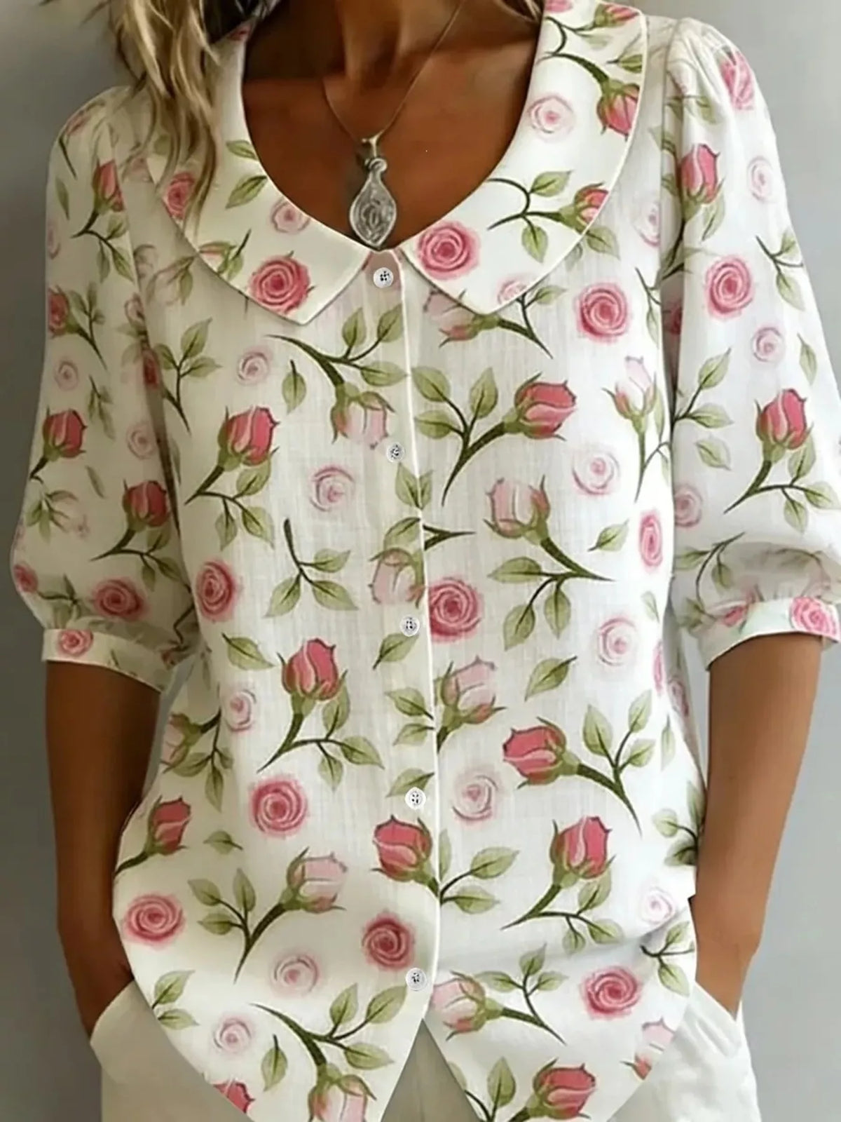 Daisy Print Peter Pan Collar Button-Down Shirt