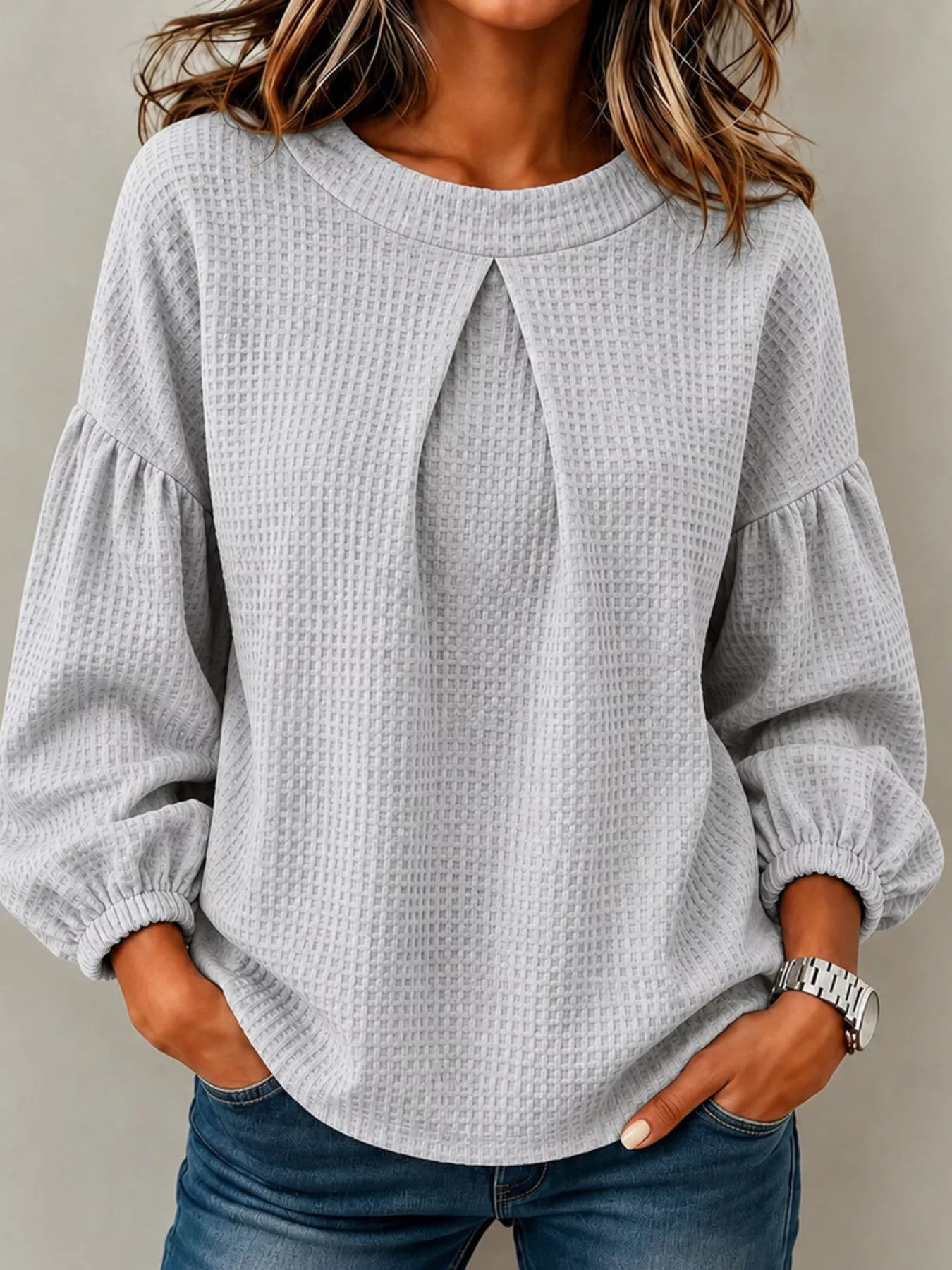 Waffle Knit Round Neck Top