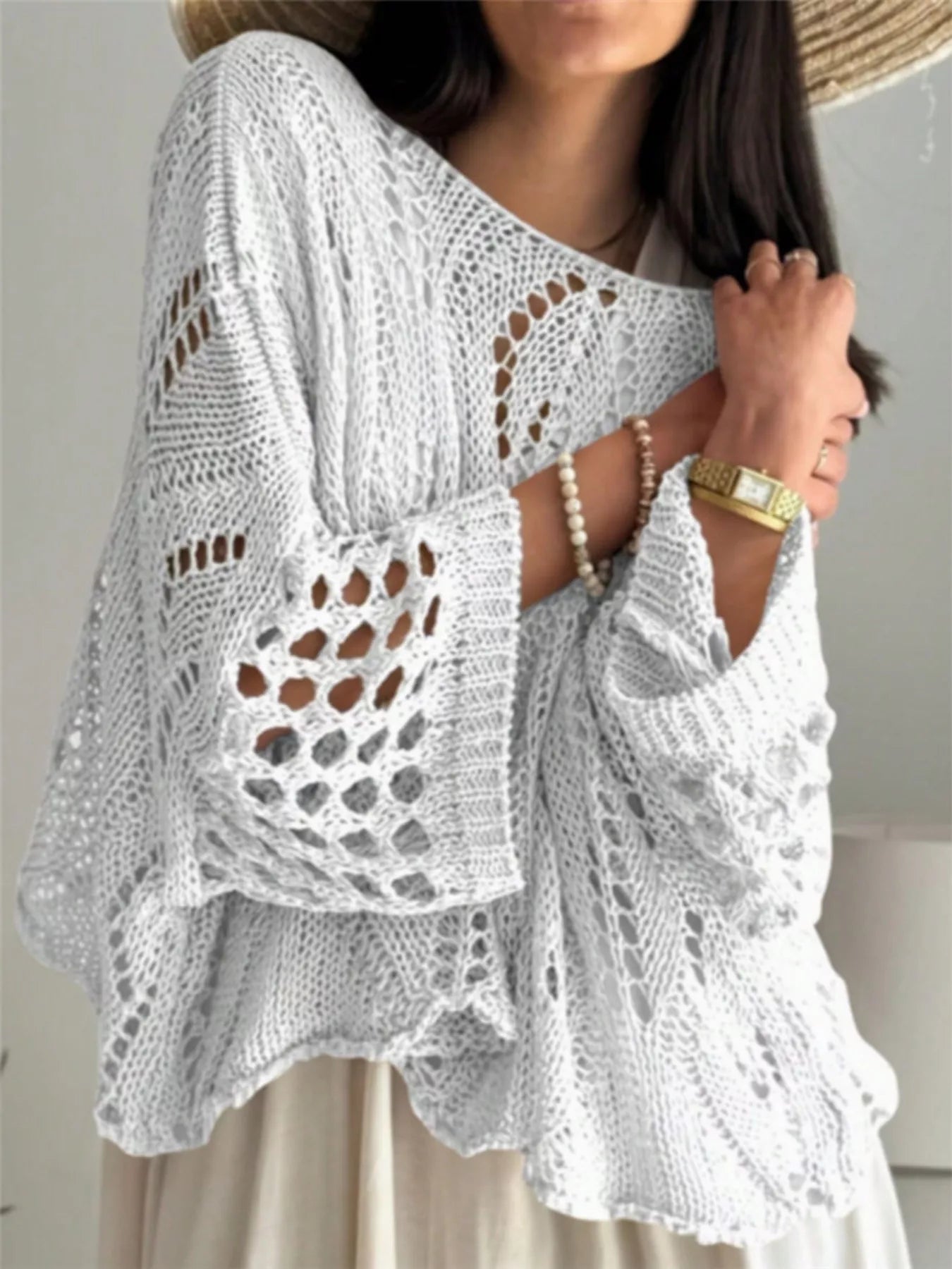 Boat Neck Crochet Knit Cover Up
