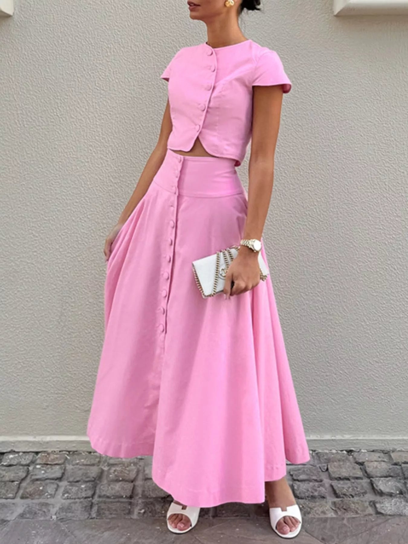 Cap Sleeve Button-Down Crop Top and Midi Skirt Set