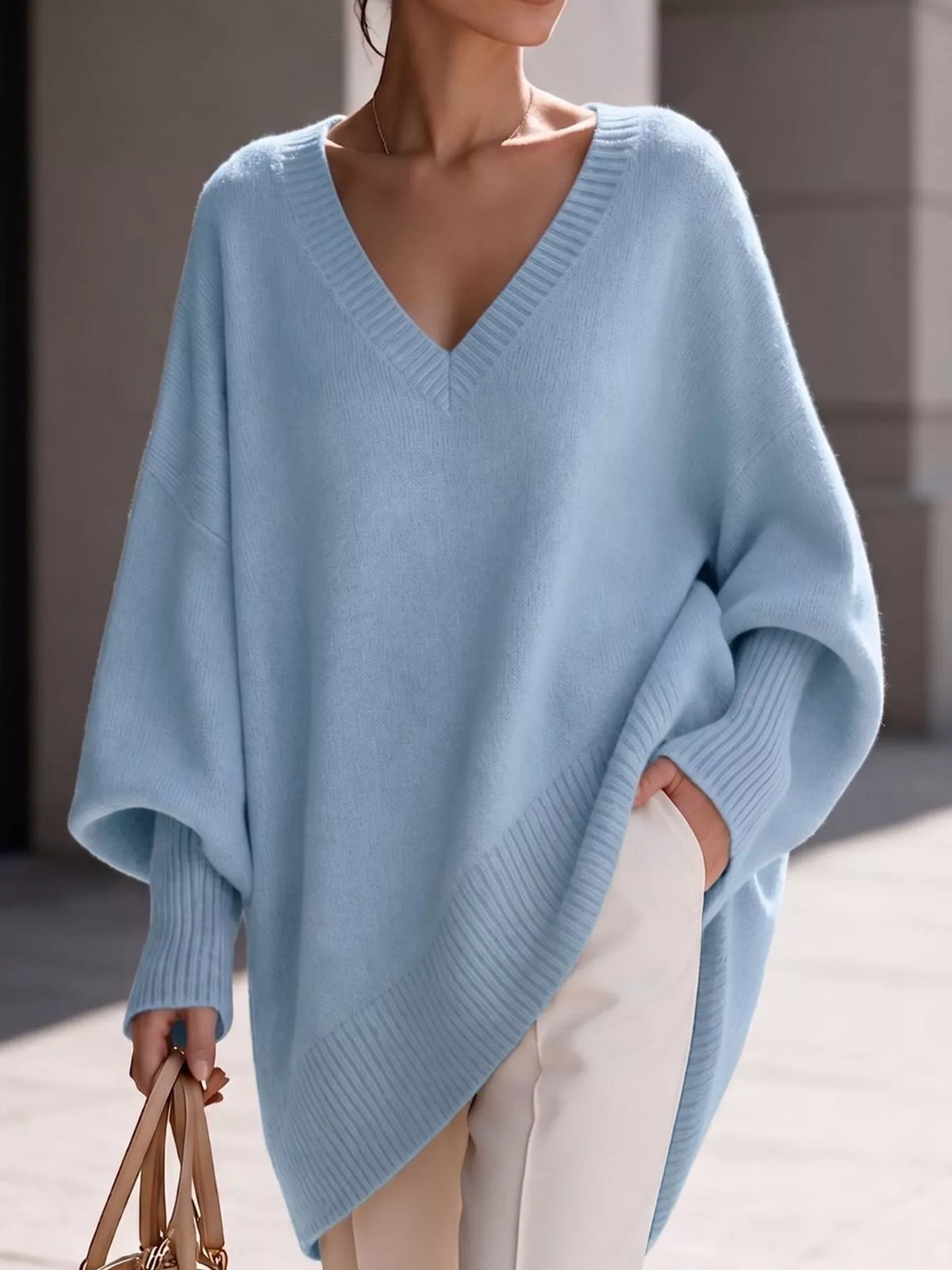 Full Size V-Neck Oversized Batwing Sleeve Sweater Plus Size