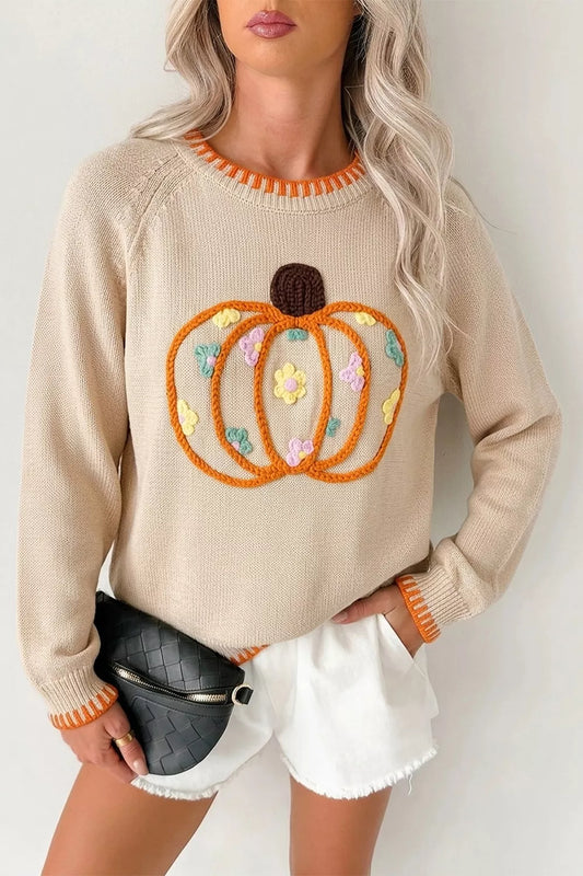 Floral Embroidery Pumpkin Long Sleeve Round Neck Sweater