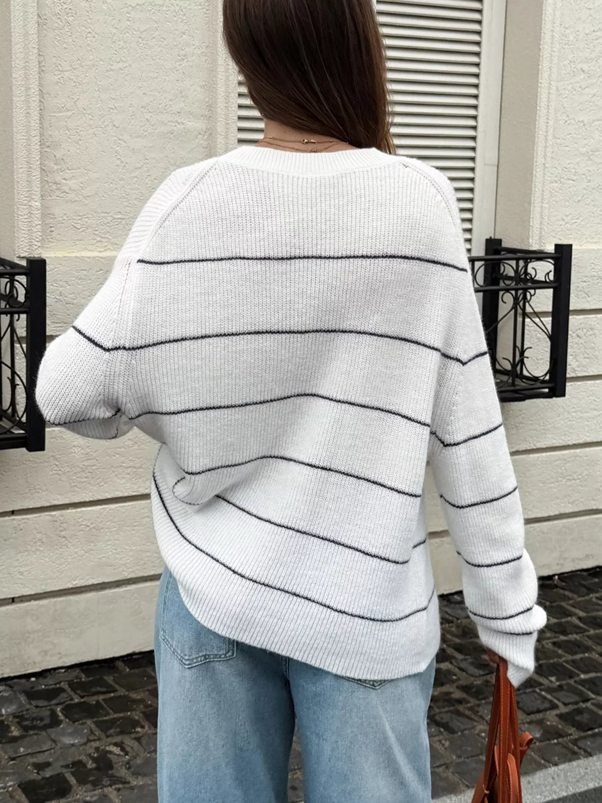 Striped Crew Neck Dropped Shoulder Sweater