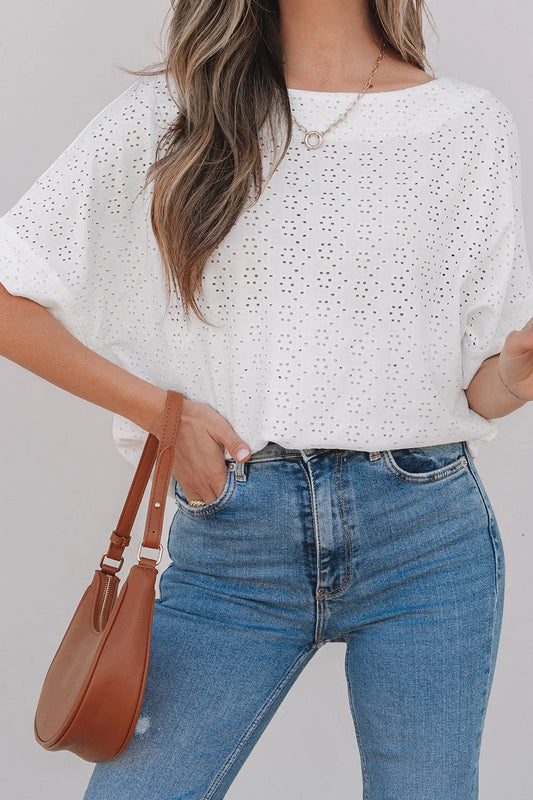 Eyelet Pattern Boat Neck Casual Tee