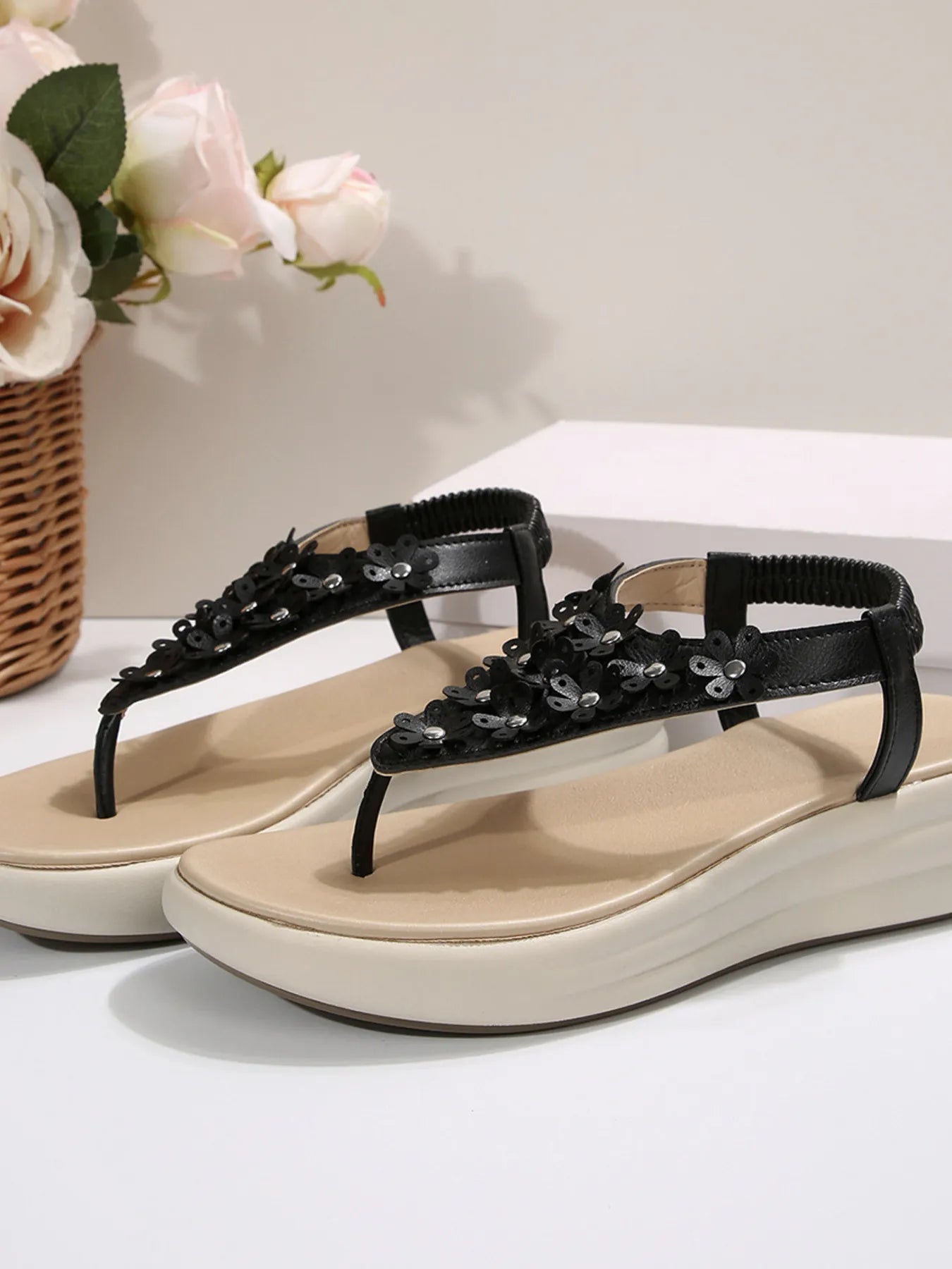 Studded T-Strap Wedge Sandals