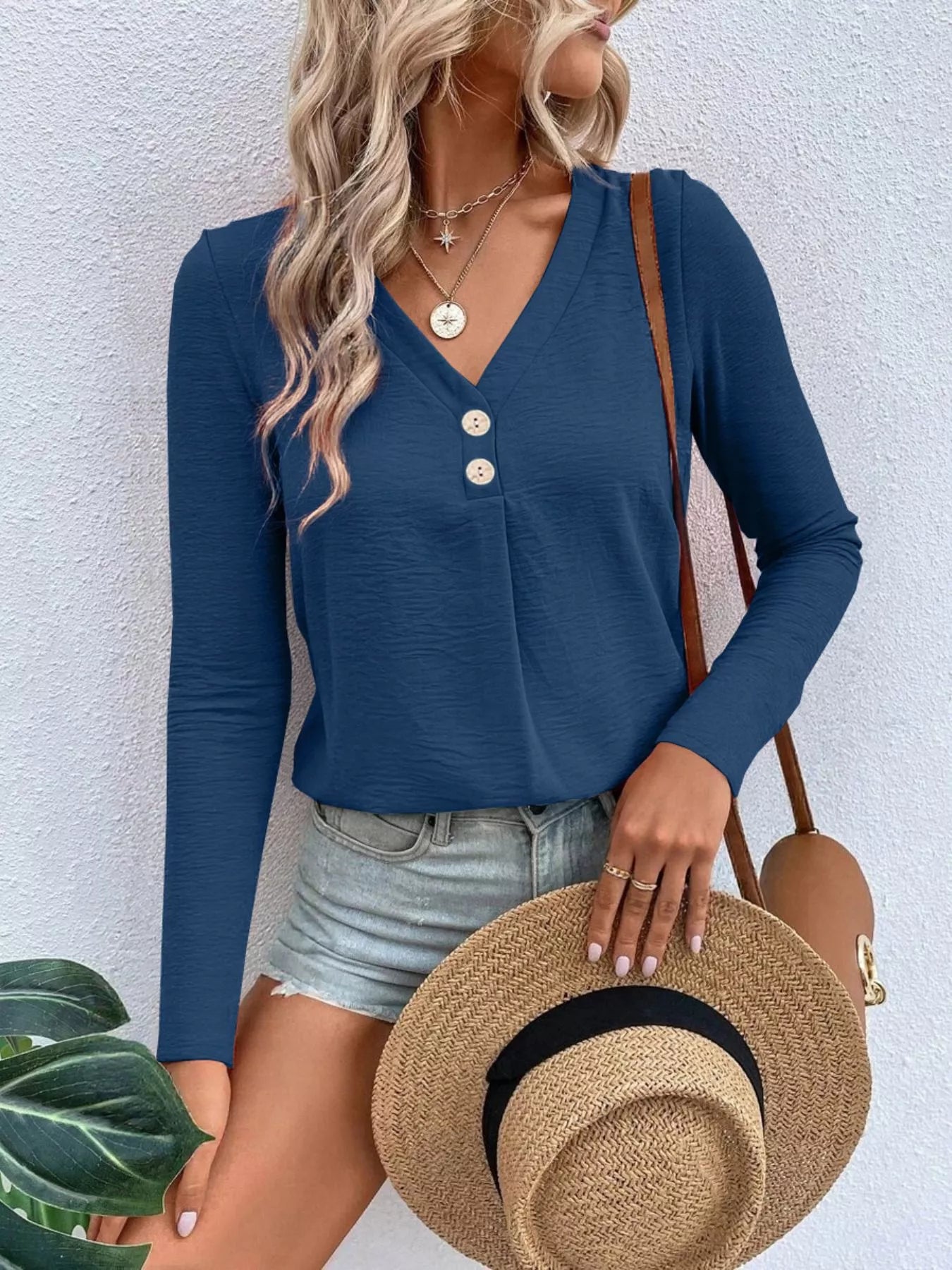 Full Size V-Neck Decor Button Long Sleeve T-Shirt Plus Size