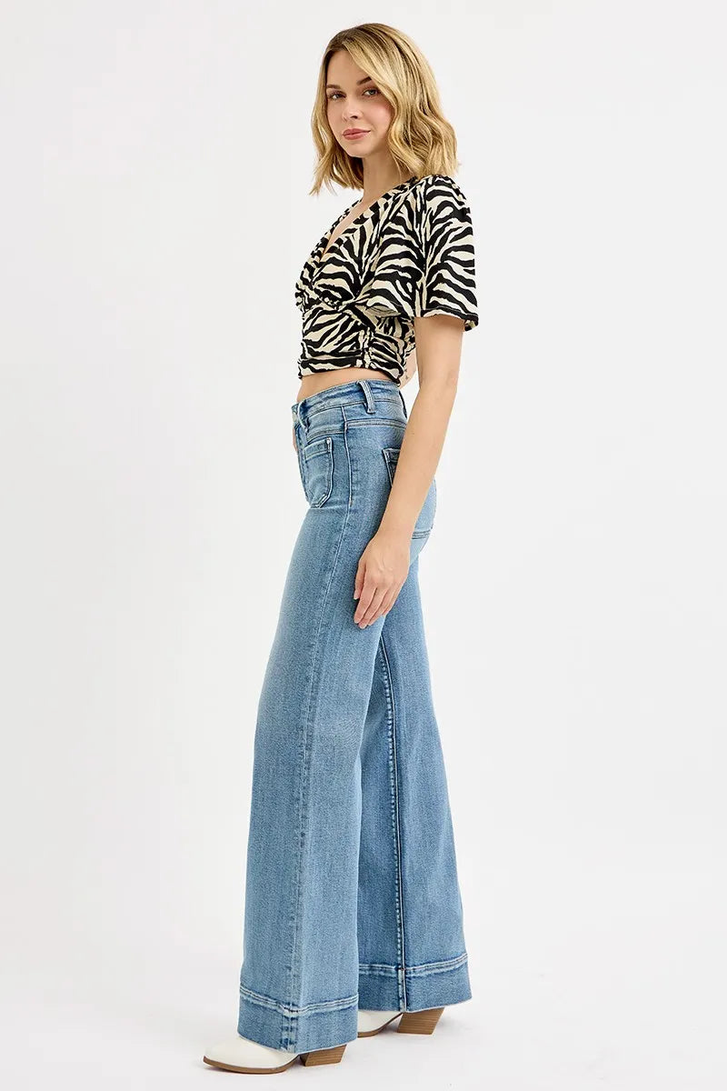 RISEN Full Size High Rise Wide Flare Patch Pocket Jeans Plus Size