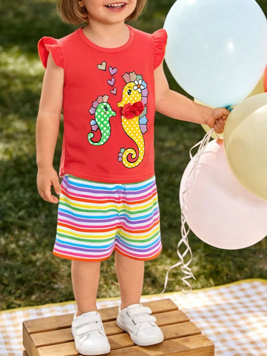 Children's Seahorse Ruffle Sleeve Top and Rainbow Striped Shorts Set