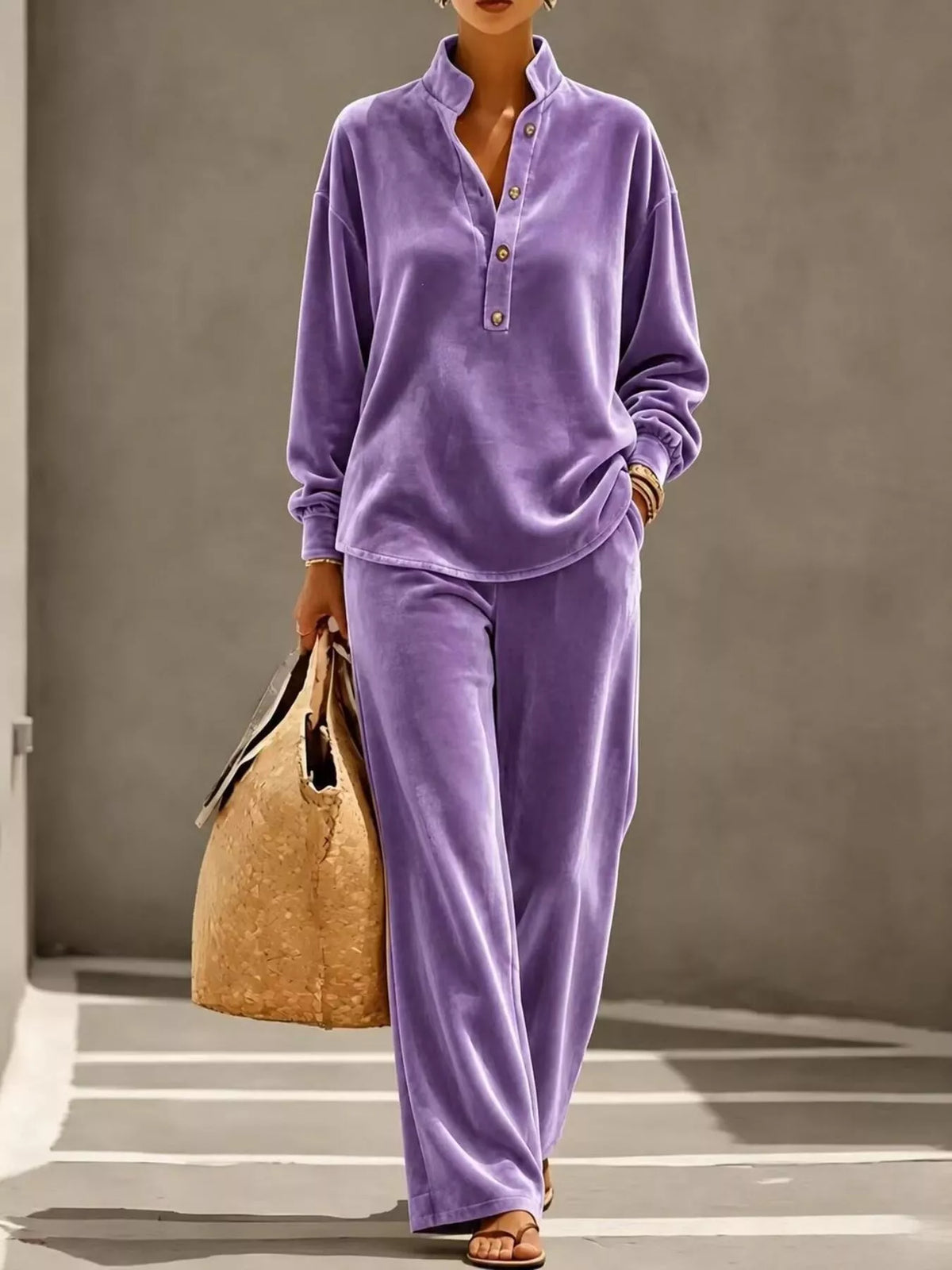 Full Size Half Button Top and Wide Leg Pants Set Plus Size