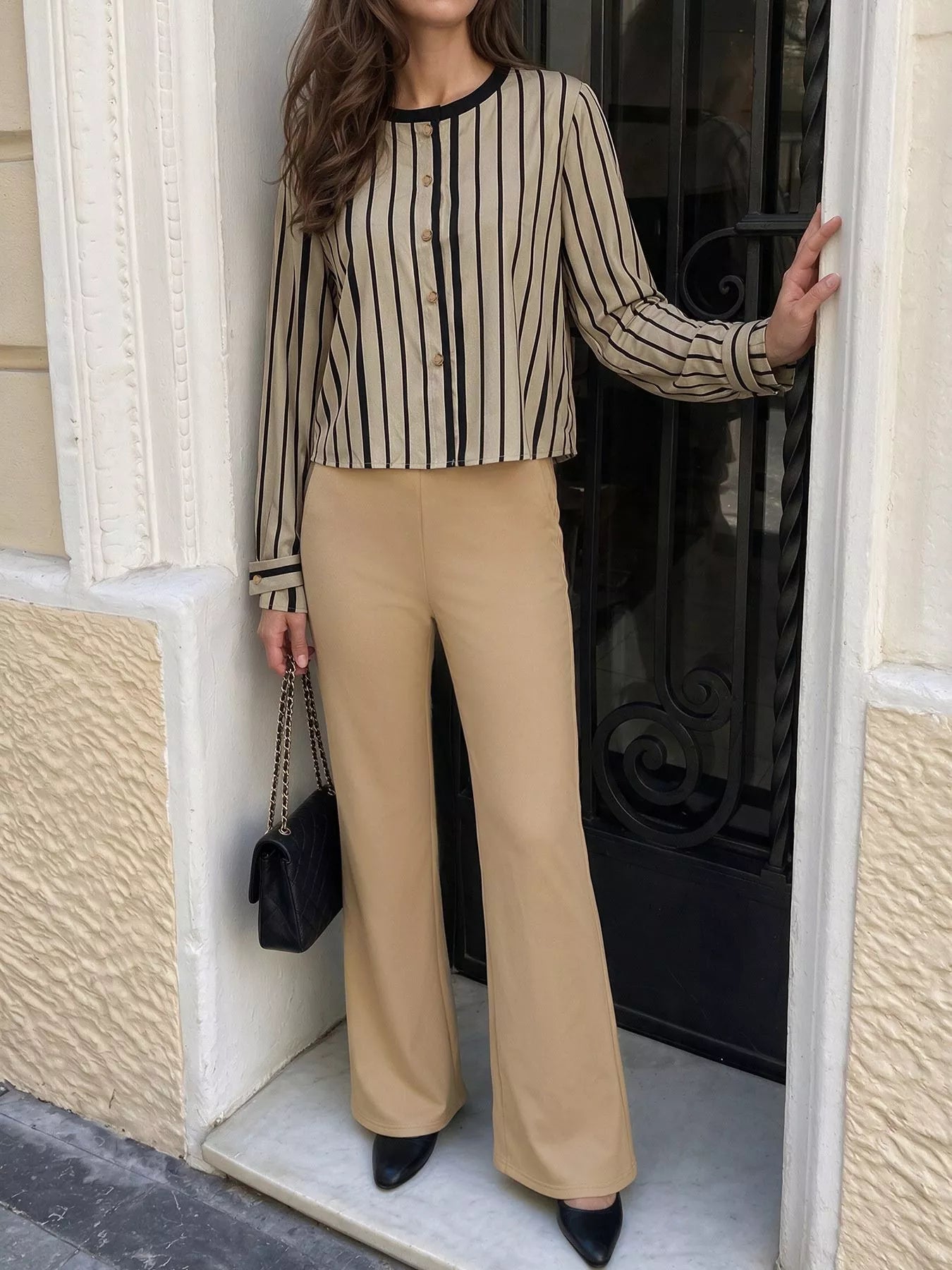 Striped Button-Down Shirt and High-Waisted Flare Pants Set