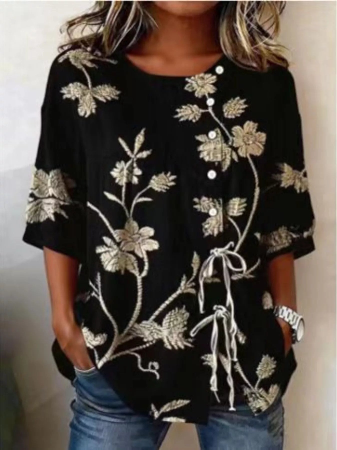 Full Size Embroidered Floral Tie Front Shirt Plus Size