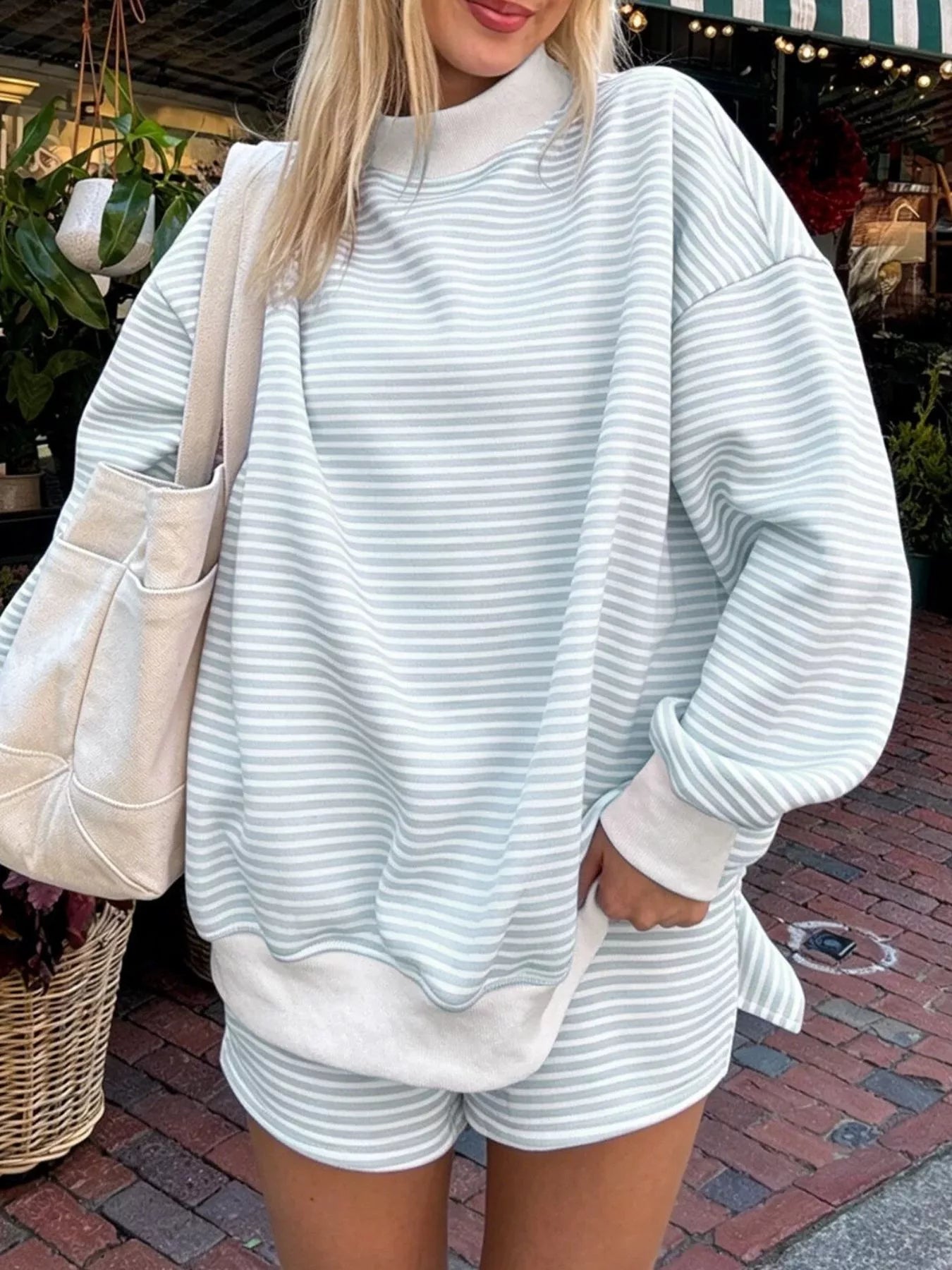 Striped Mock Neck Sweatshirt and Shorts Set
