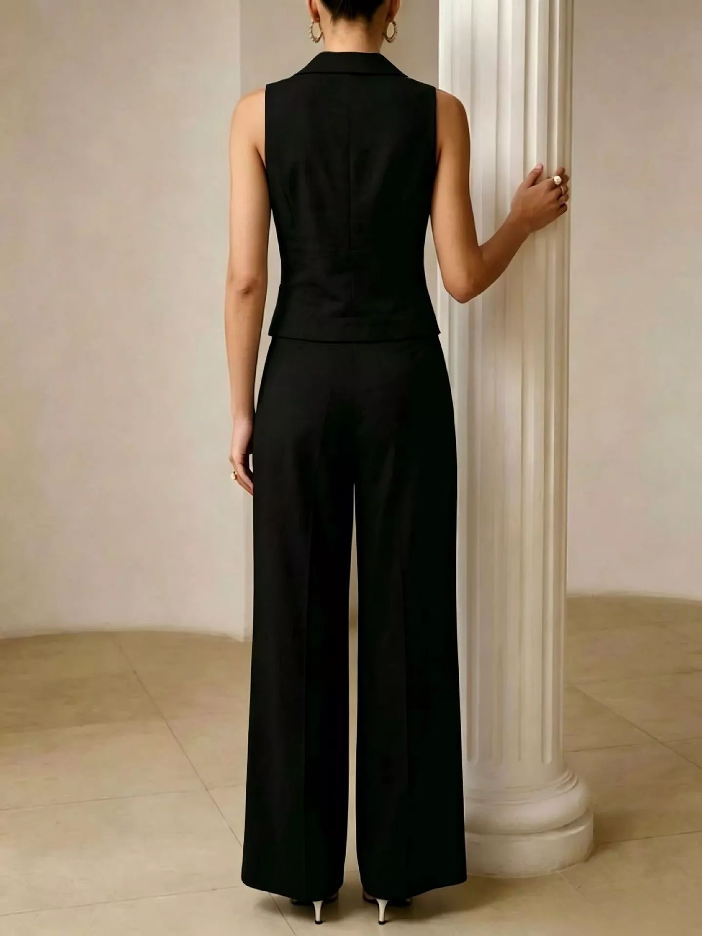 Full Size Sleeveless Blazer and Wide-Leg Pants Set Plus Size