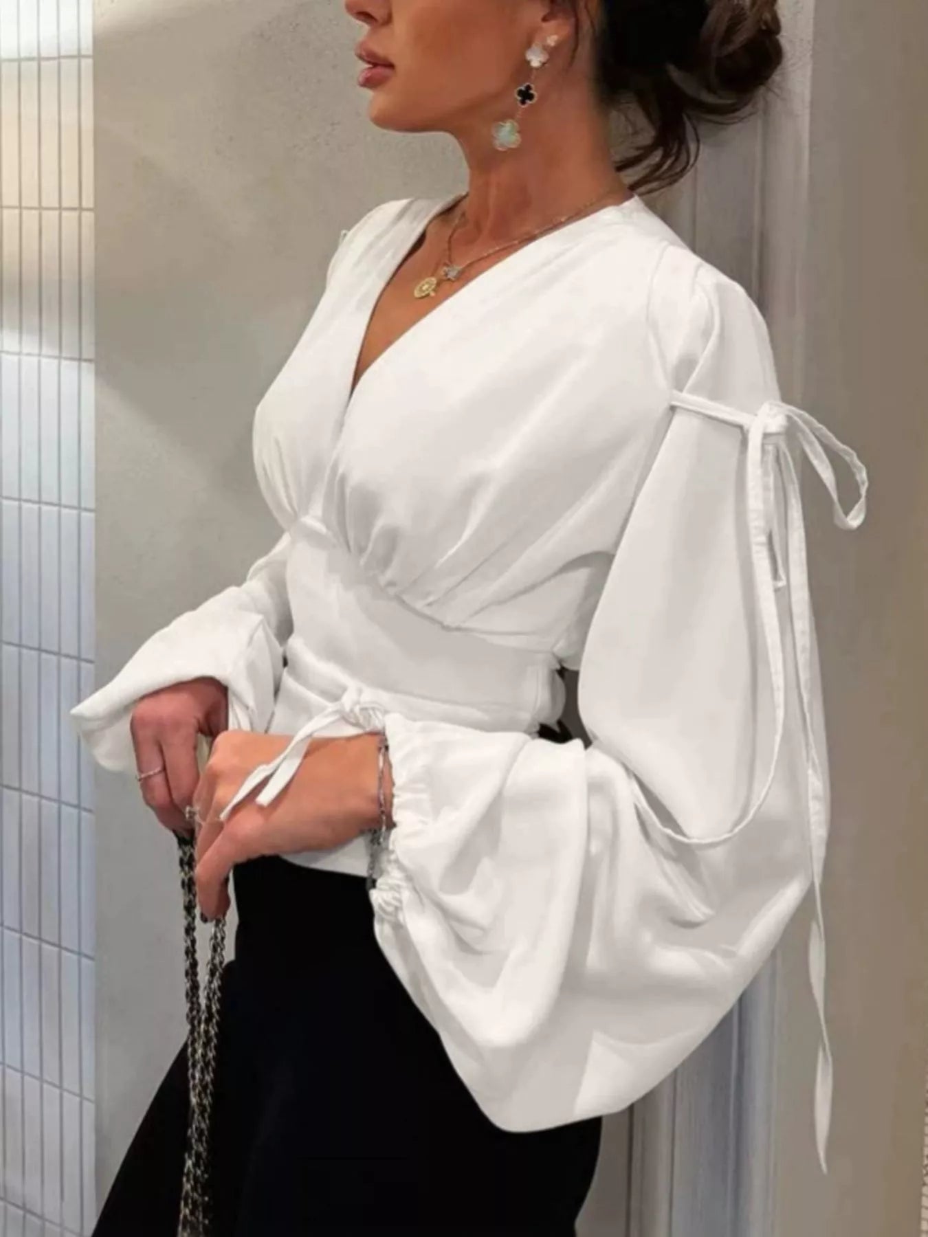 Tied V-Neck Balloon Sleeve Blouse
