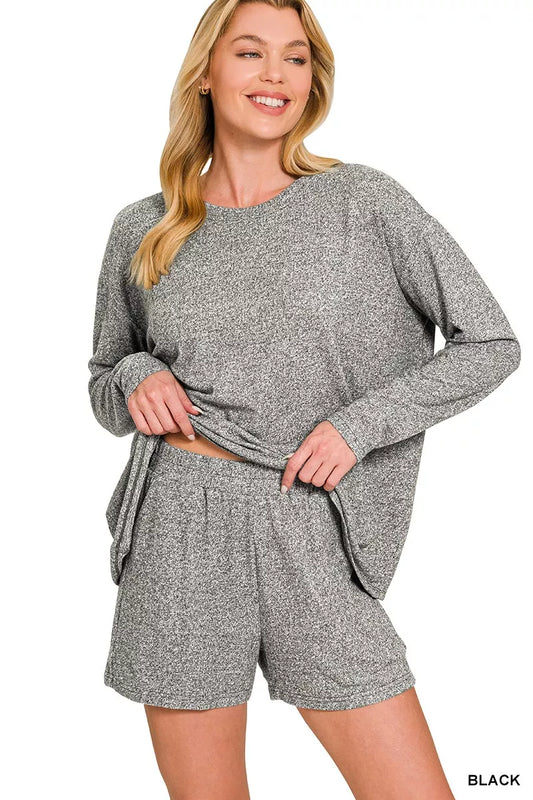 Zenana Soft Melange Long Sleeve Tee and Shorts Set