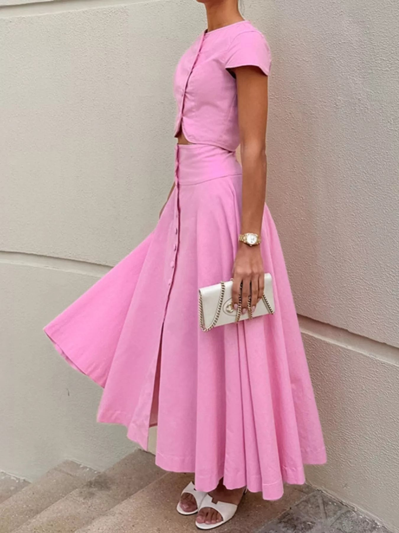 Cap Sleeve Button-Down Crop Top and Midi Skirt Set