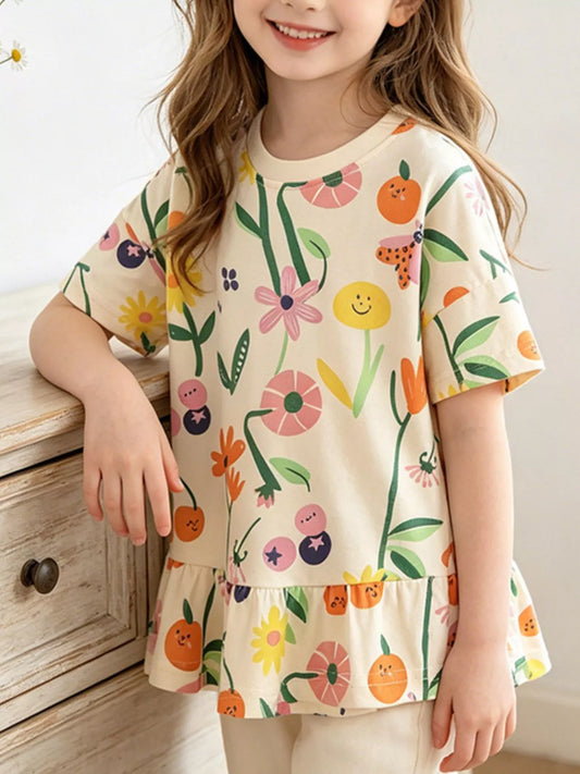 Children's Floral & Fruit Print Ruffled Hem T-Shirt