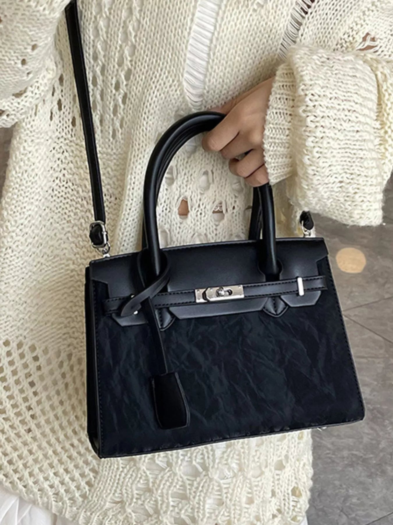 Textured Leather Top-Handle Handbag