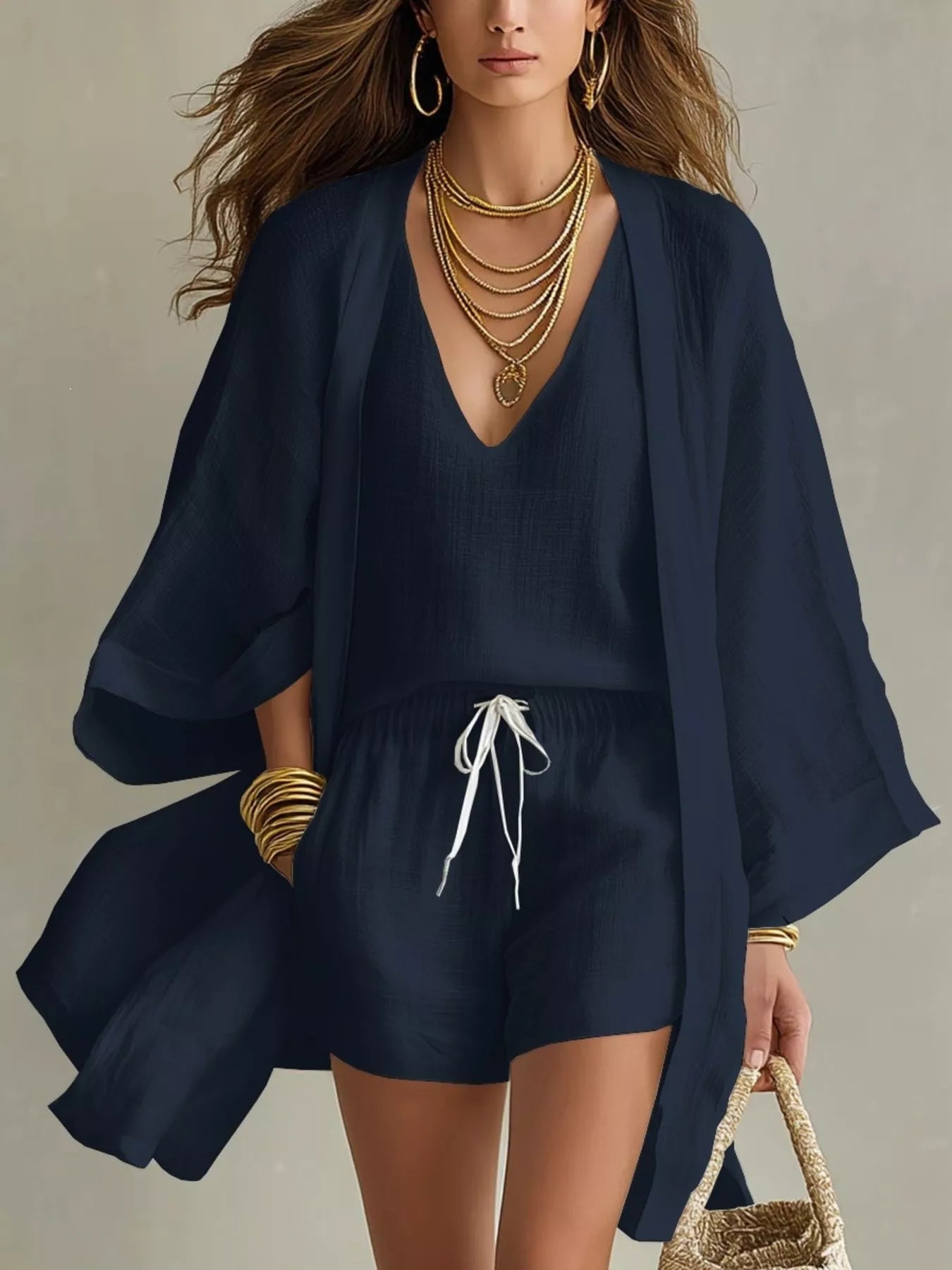 Full Size Elegant Tank and Drawstring Shorts with Cardigan 3-Piece Set Plus Size