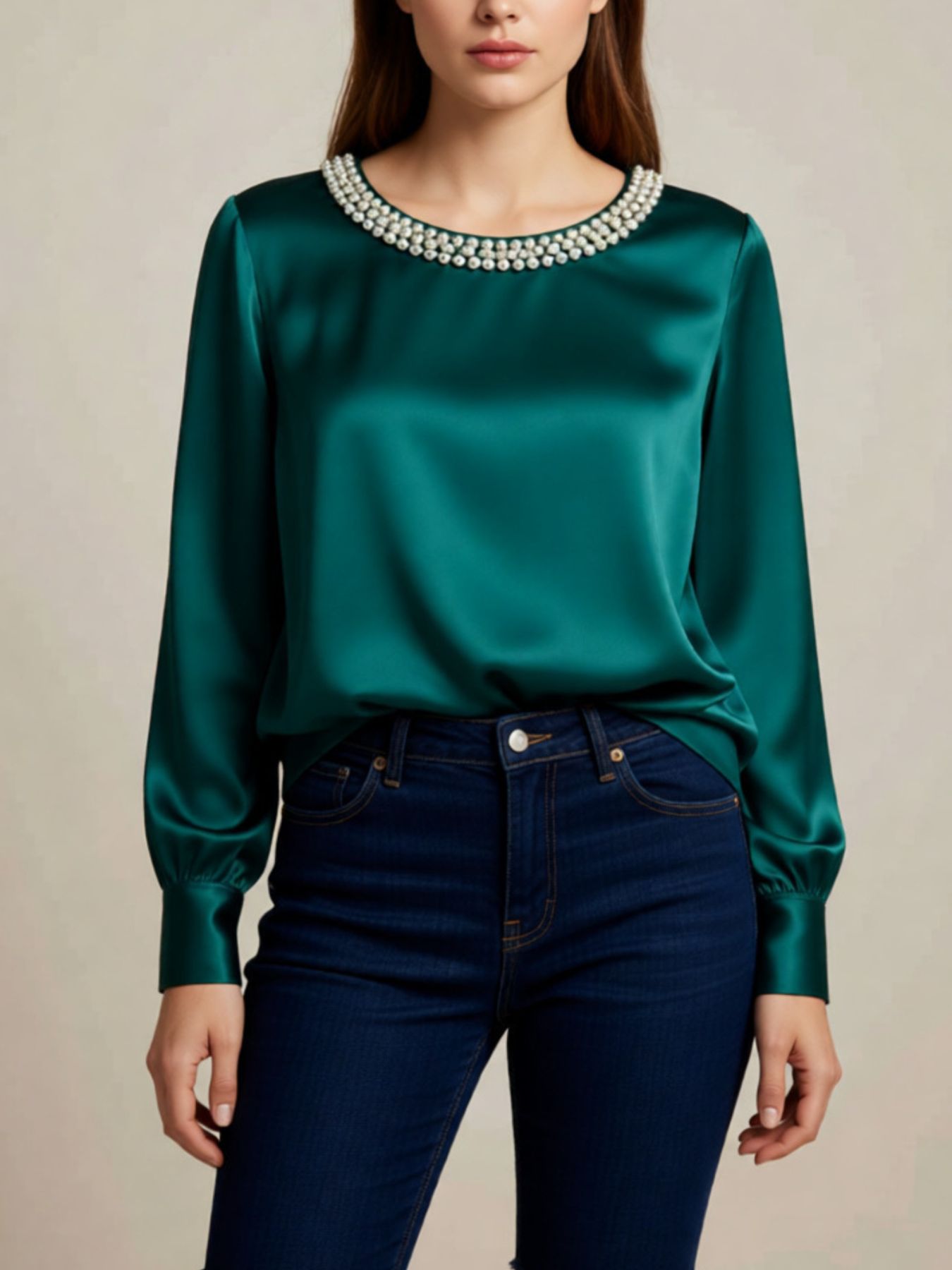 Pearl Trim Round Neck Silk Blouse