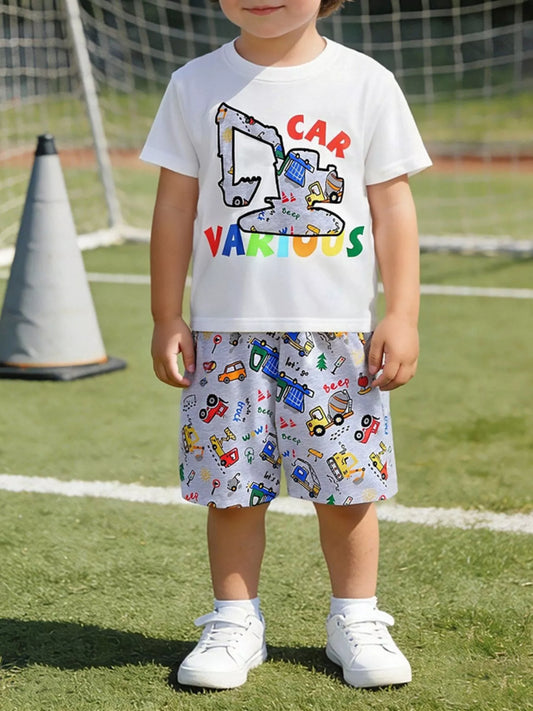 Children's Cartoon Car Print Short Sleeve Tee and Shorts Set