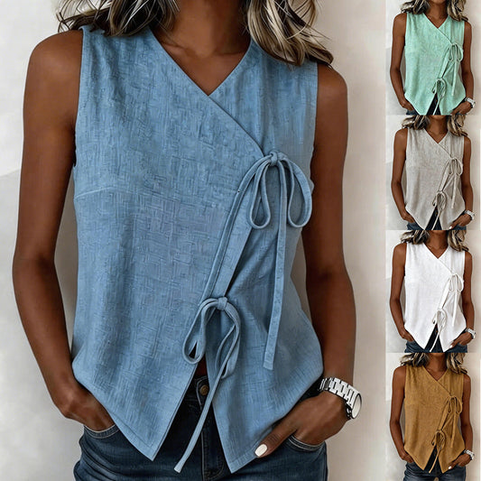 Bow-Tied V-Neck Sleeveless Tank Top – 5 Colors, S–XXL