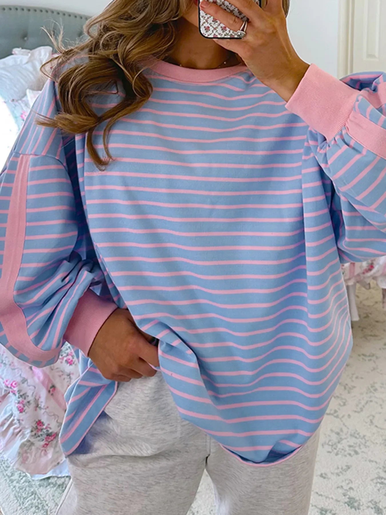Stripe Oversize Contrast Trim Drop Shoulder Sweatshirt
