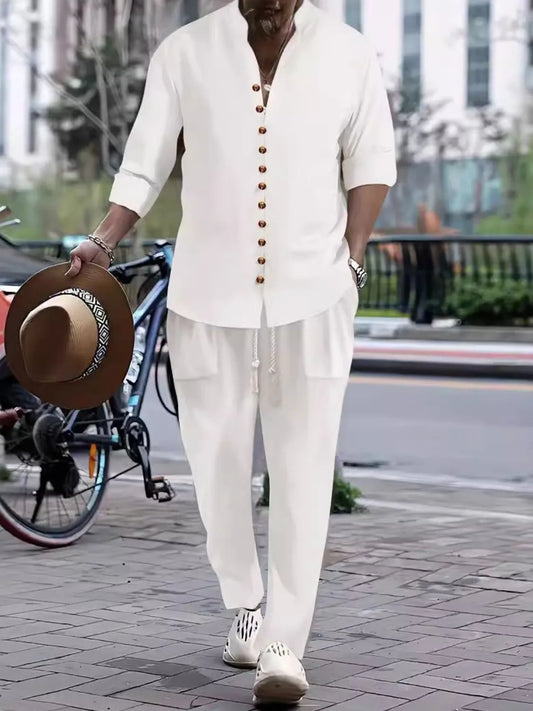 Men's Button Front Long Sleeve Shirt and Pants Set