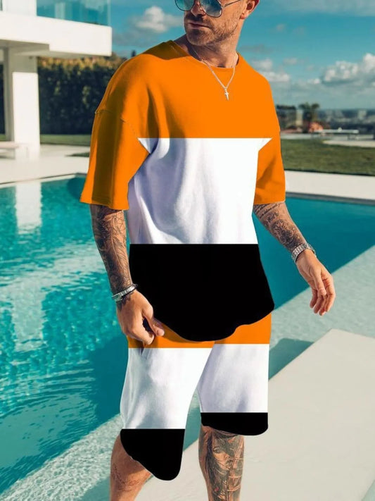 Men's Full Size Color Block Tee and Shorts Set Plus Size