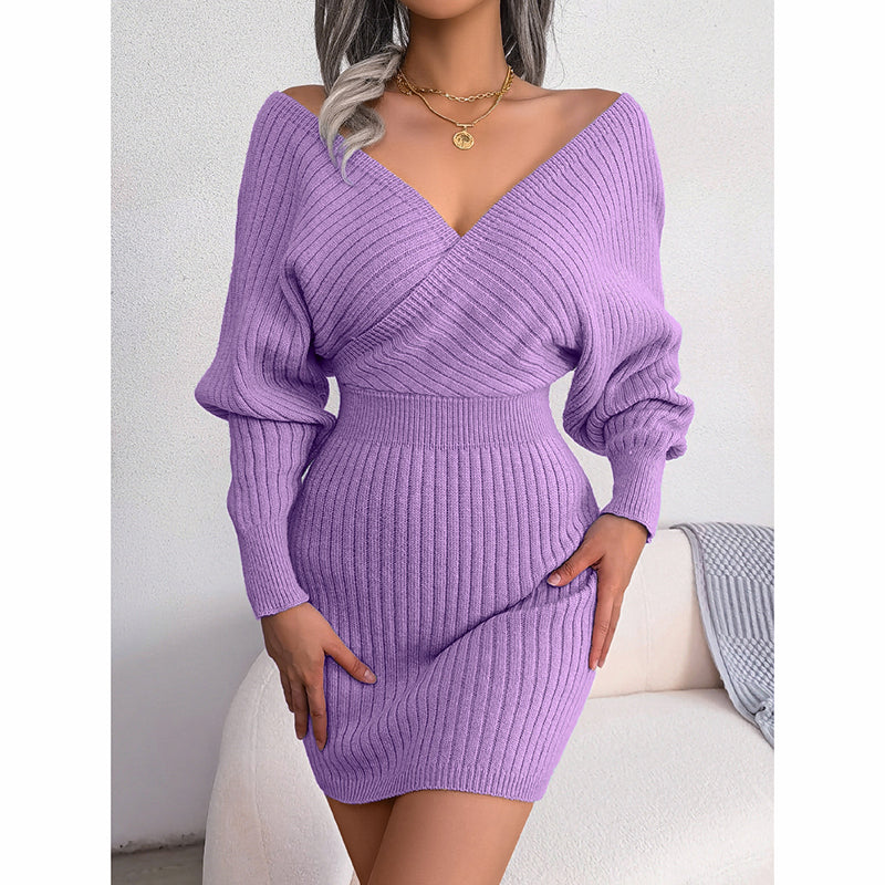 Women's Batwing Sleeve Sweater Dress - Sexy Off The Shoulder V-Neck Mini Dress, Solid Color (See size chart where applicable)