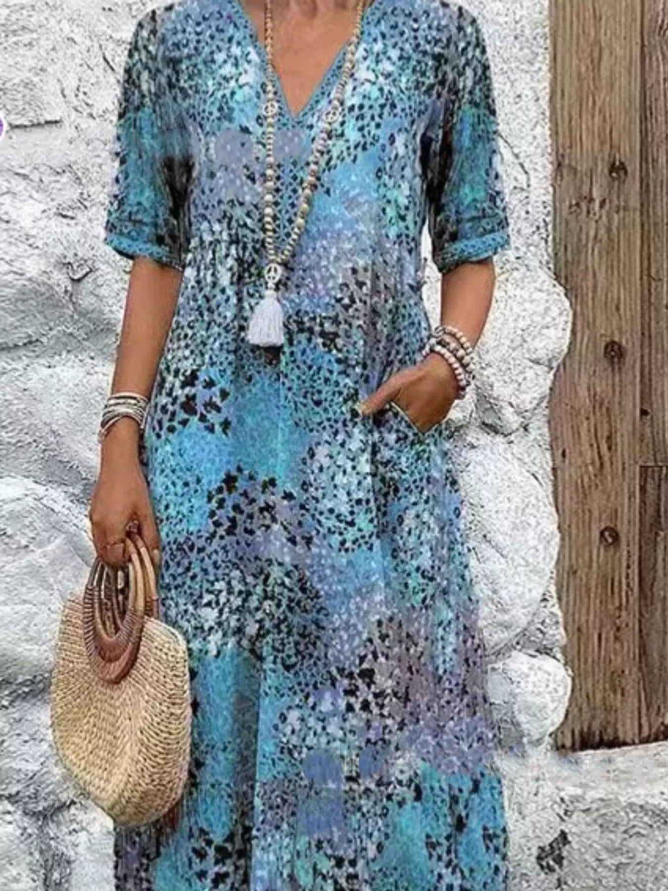 Full Size Printed V-Neck Half Sleeve Dress Plus Size