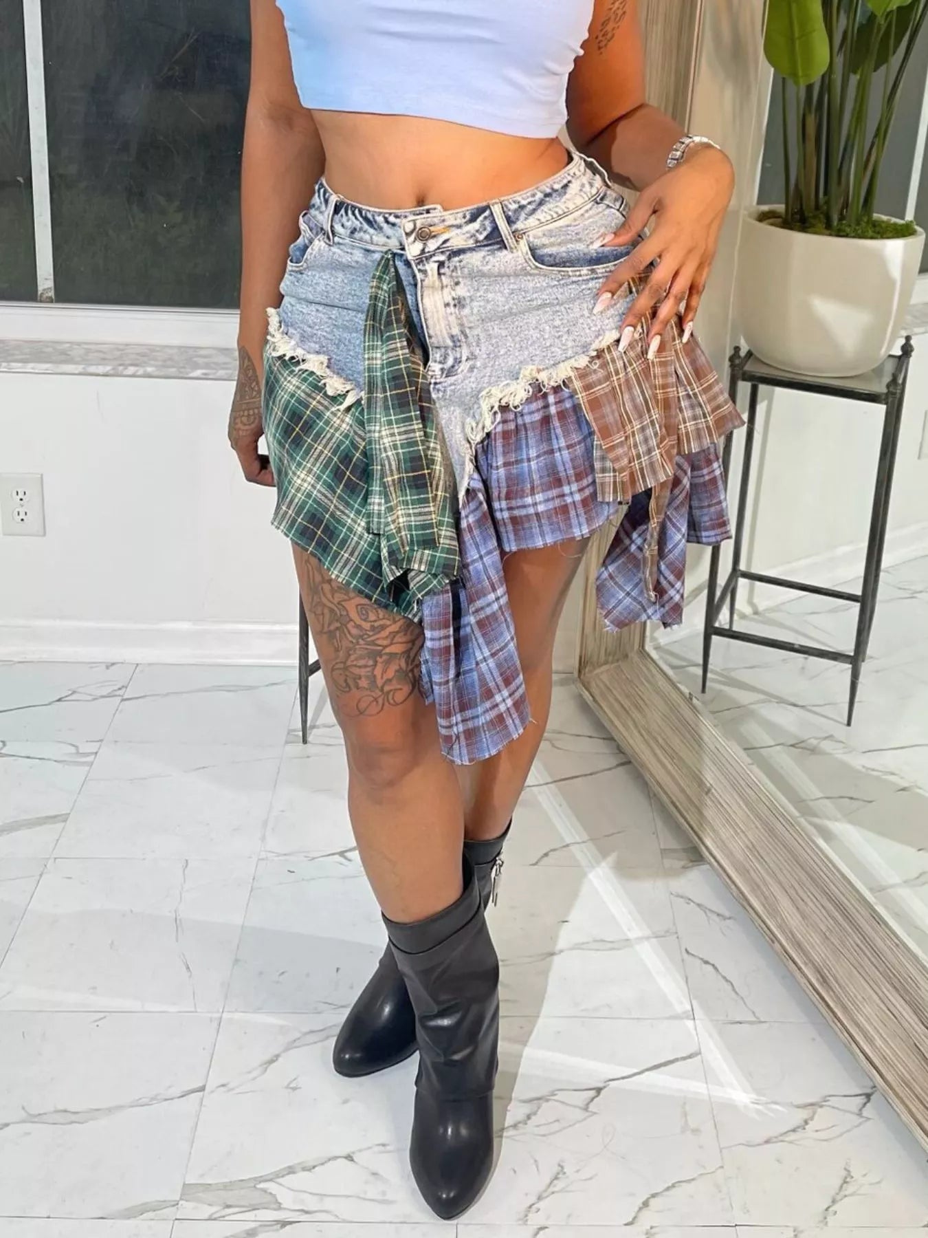 Asymmetrical Patchwork Plaid Denim Skirt