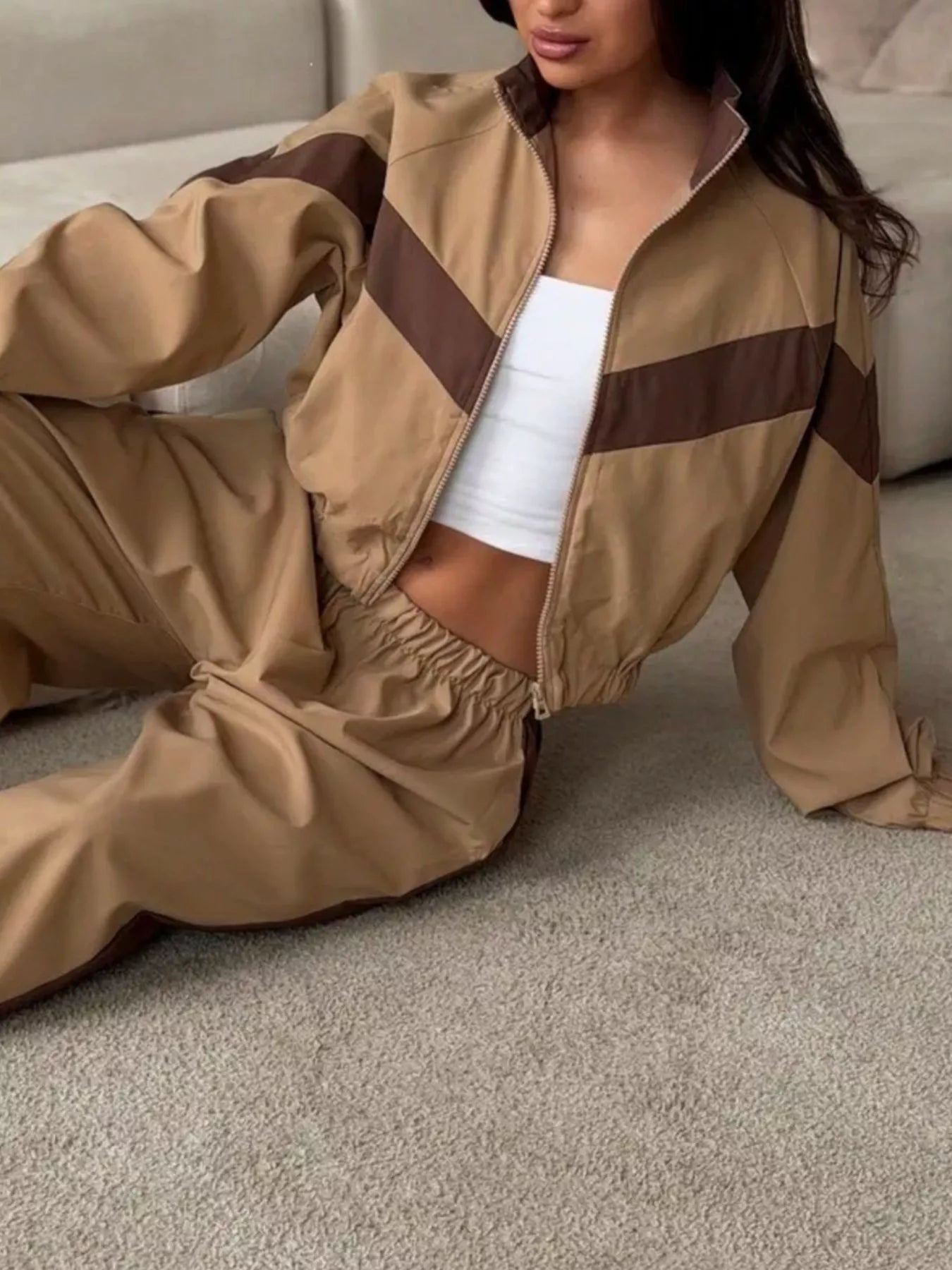 Color Block Zip Up Outerwear and Pants Set