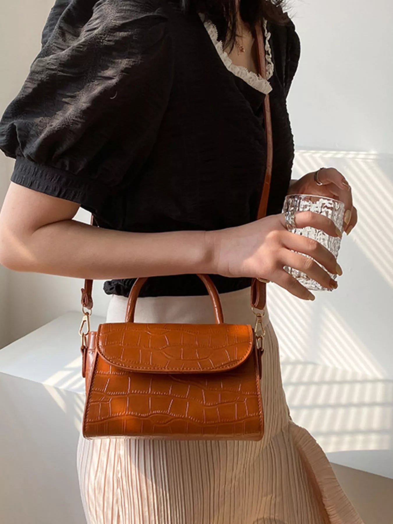 Crocodile Pattern Top Handle Crossbody Bag