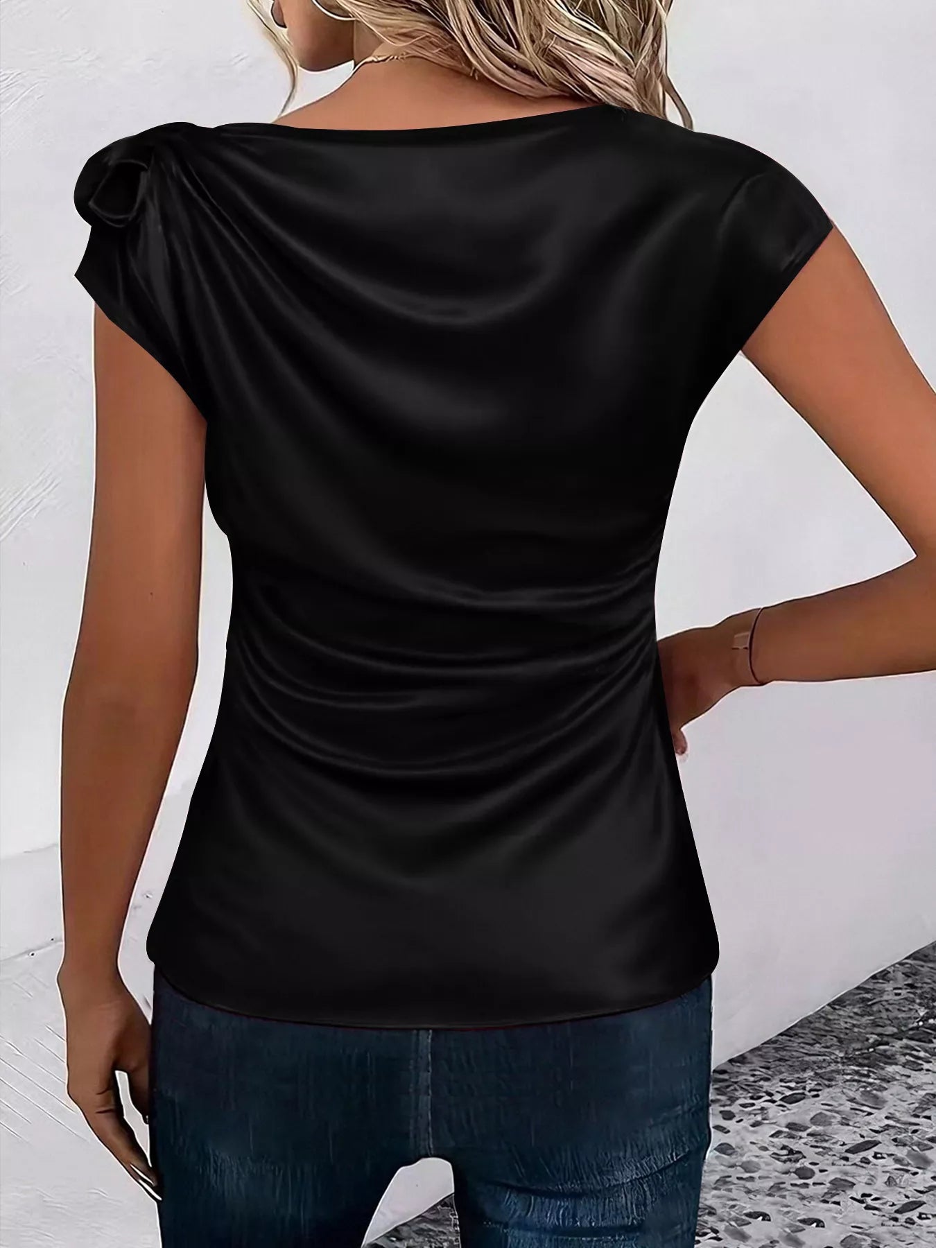 Ruched Short Sleeve Satin Top