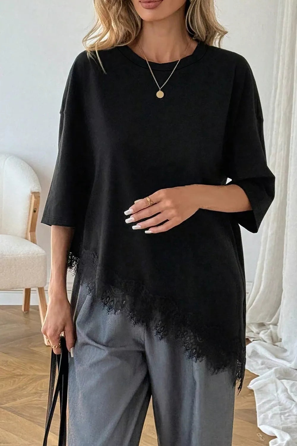 Lace Asymmetrical Hem Round Neck T-Shirt