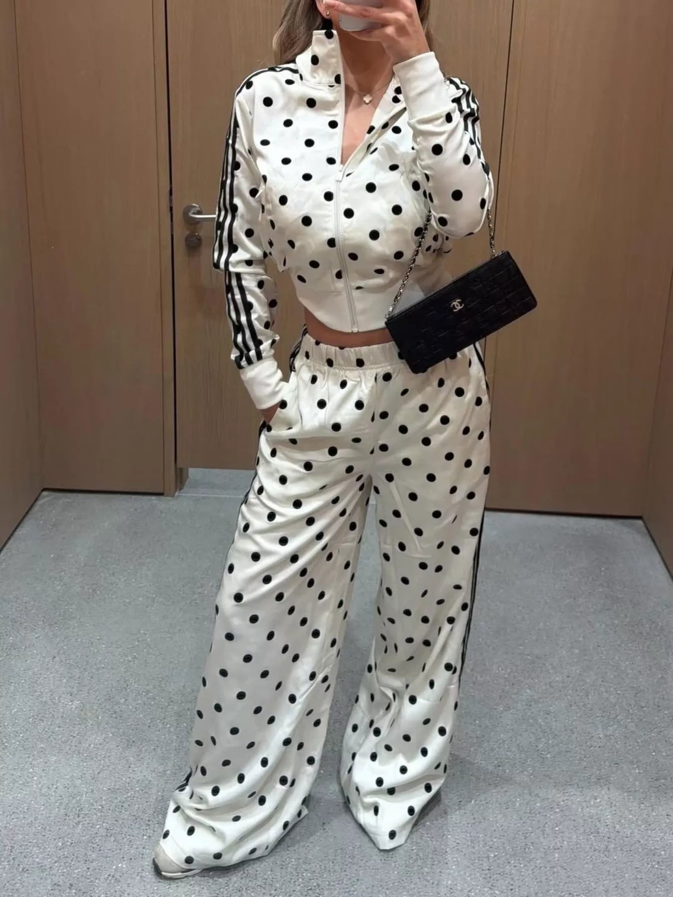 Polka Dot Zip Up Outerwear and Pants Set