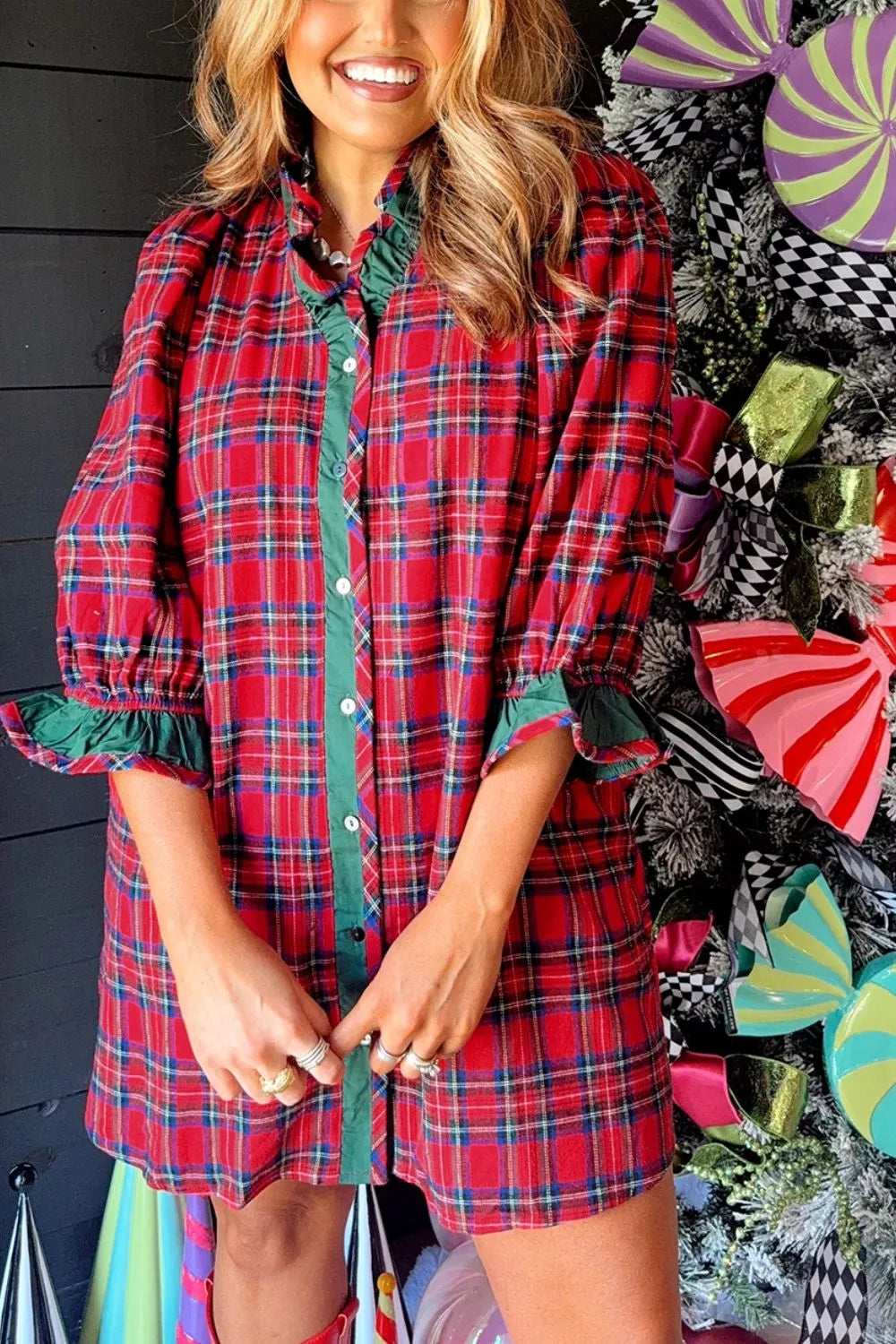Plaid Ruffle Cuff Button Front Pocket Mini Dress