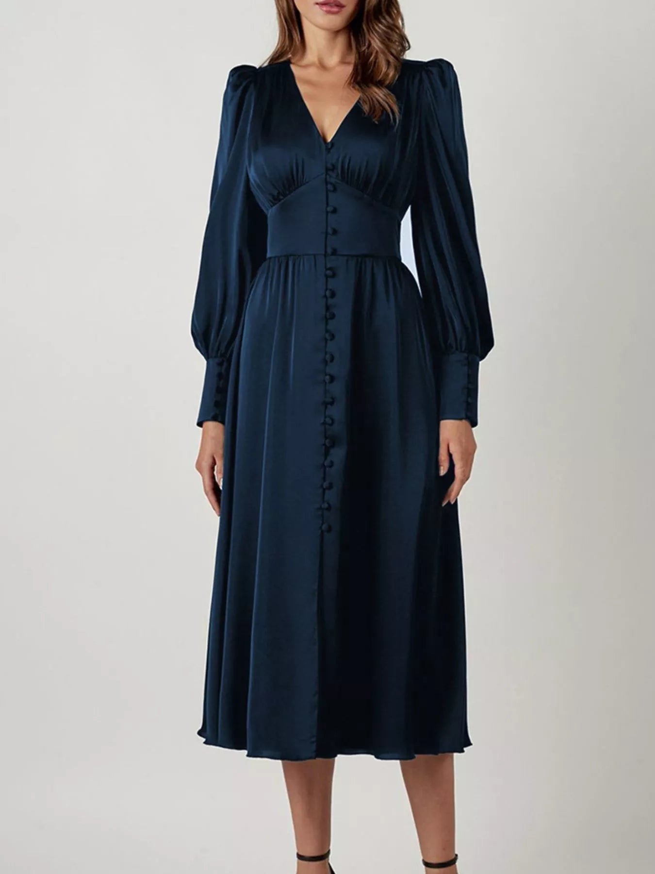 Elegant V-Neck Puff Sleeve Button-Down Midi Dress