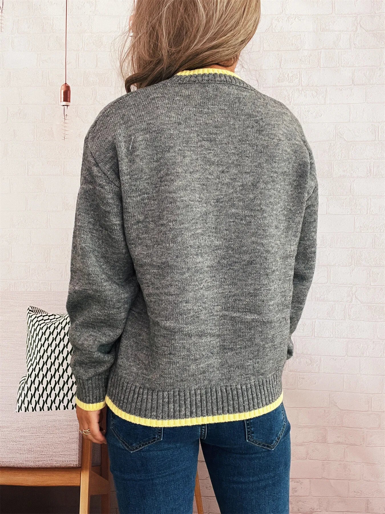 Ribbed Contrast Trim Long Sleeve Sweater