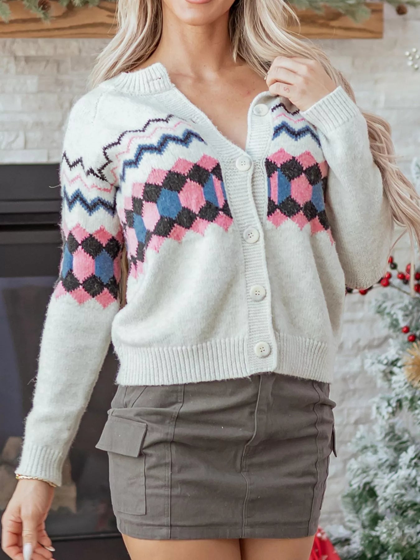 Stripe Geometric Button Up Sweater Cardigan