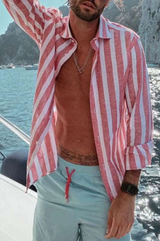 Men's Full Size Casual Striped Long Sleeve Shirt Plus Size