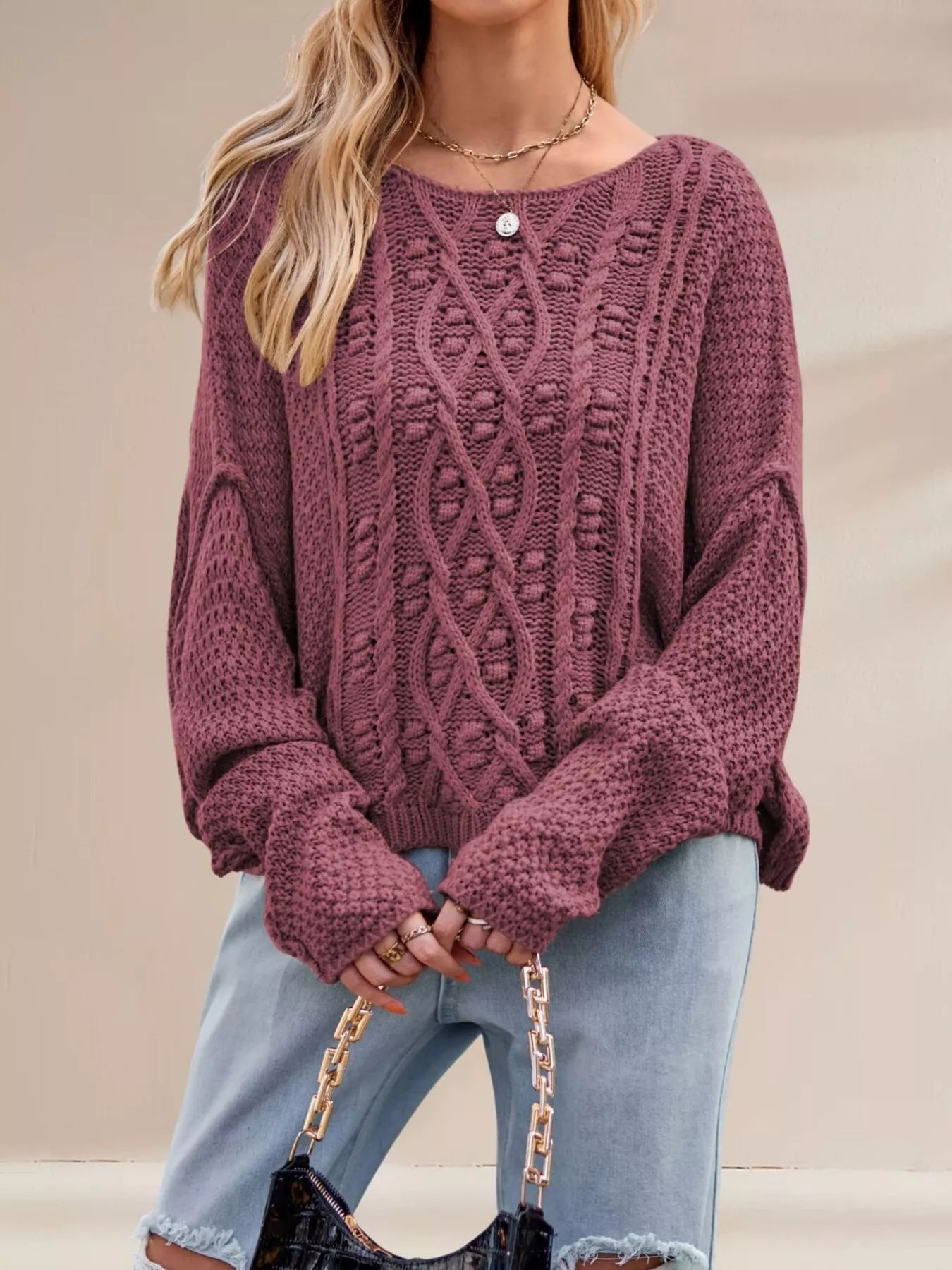 Cable Knit Dropped Shoulder Sweater