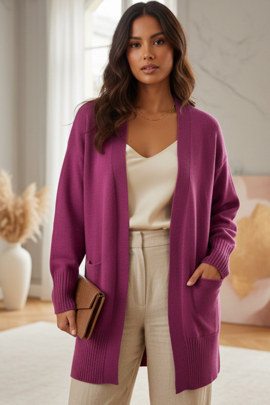 Longline Open-Front Cardigan | Oversized Knit with Patch Pockets