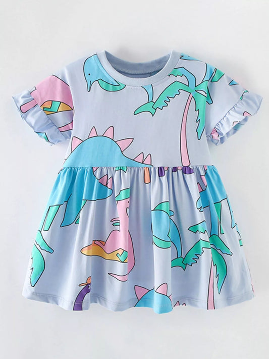 Children's Cute Cartoon Dinosaur Print Ruffle Sleeve Dress