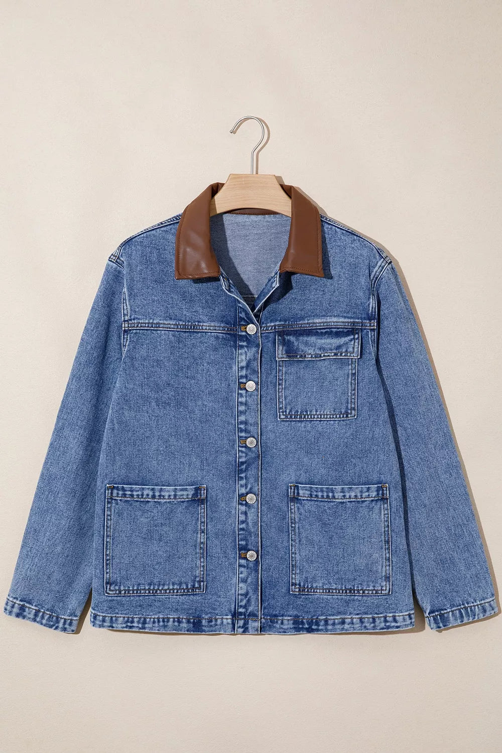 Patchwork Leather Collar Long Sleeve Denim Jacket
