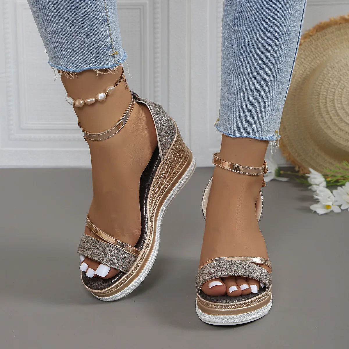Glitter Platform Wedge Sandals with Ankle Strap