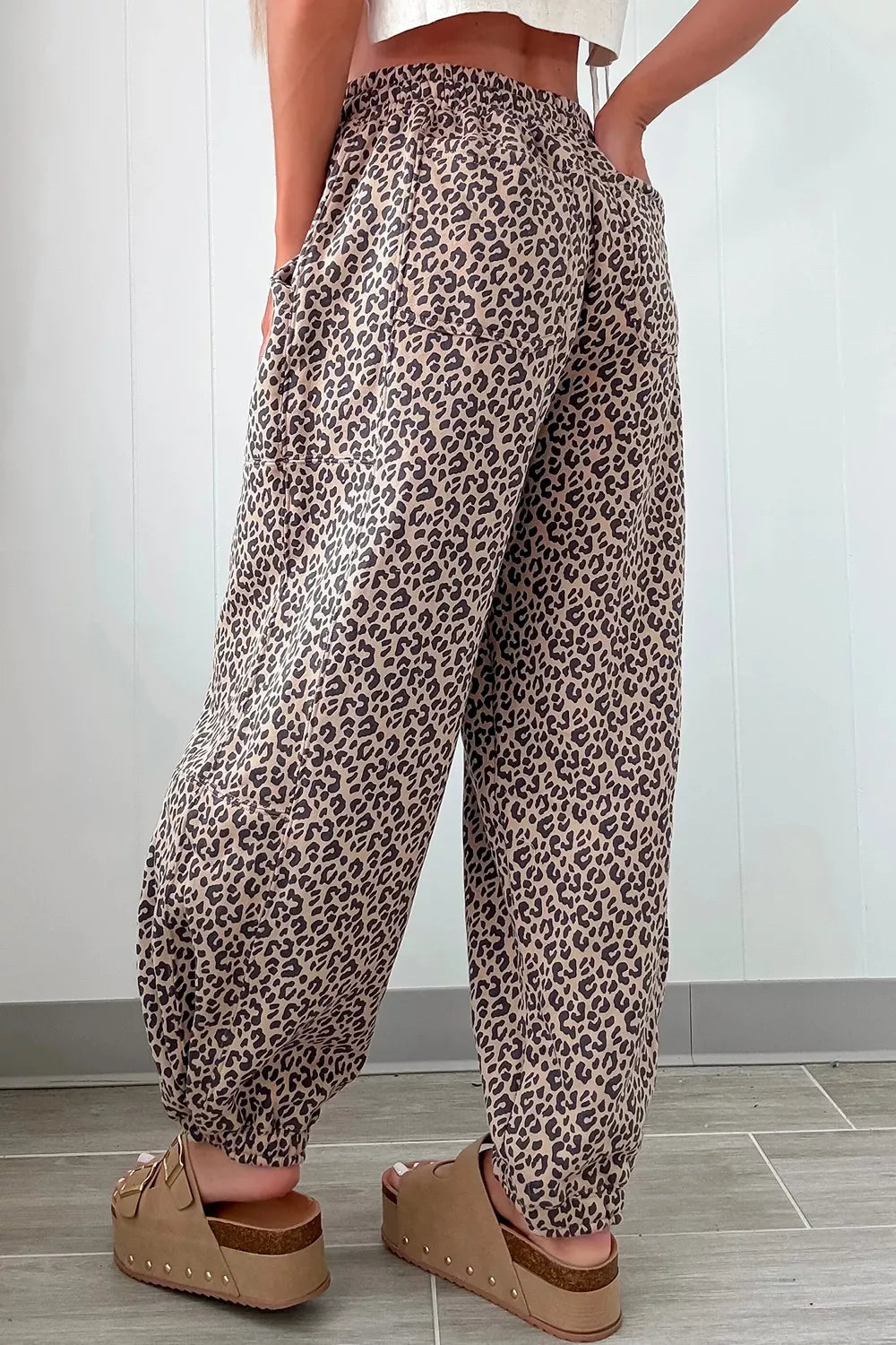 Leopard Print Elastic Waist Ankle Length Pants