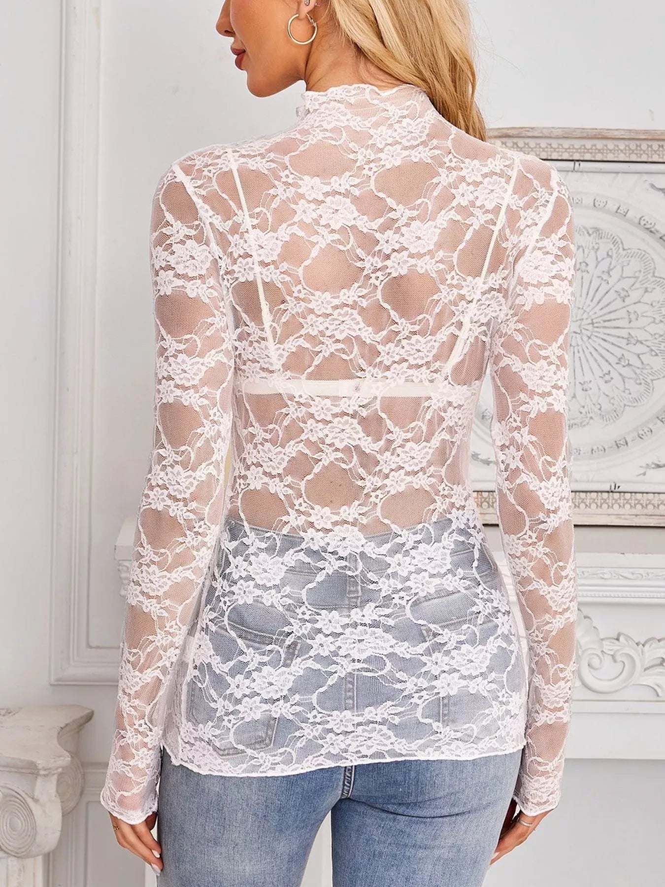 Sheer Floral Lace Long Sleeve Top